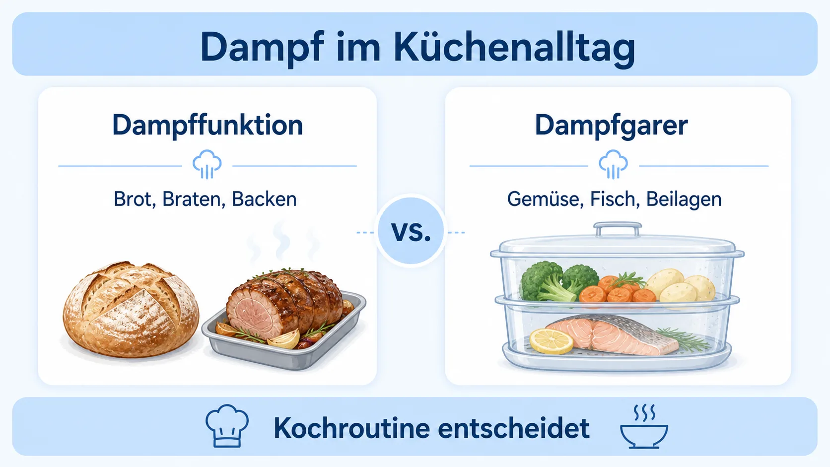Infografik: Dampfunterstützung und Dampfgarer nach Kochalltag auswählen