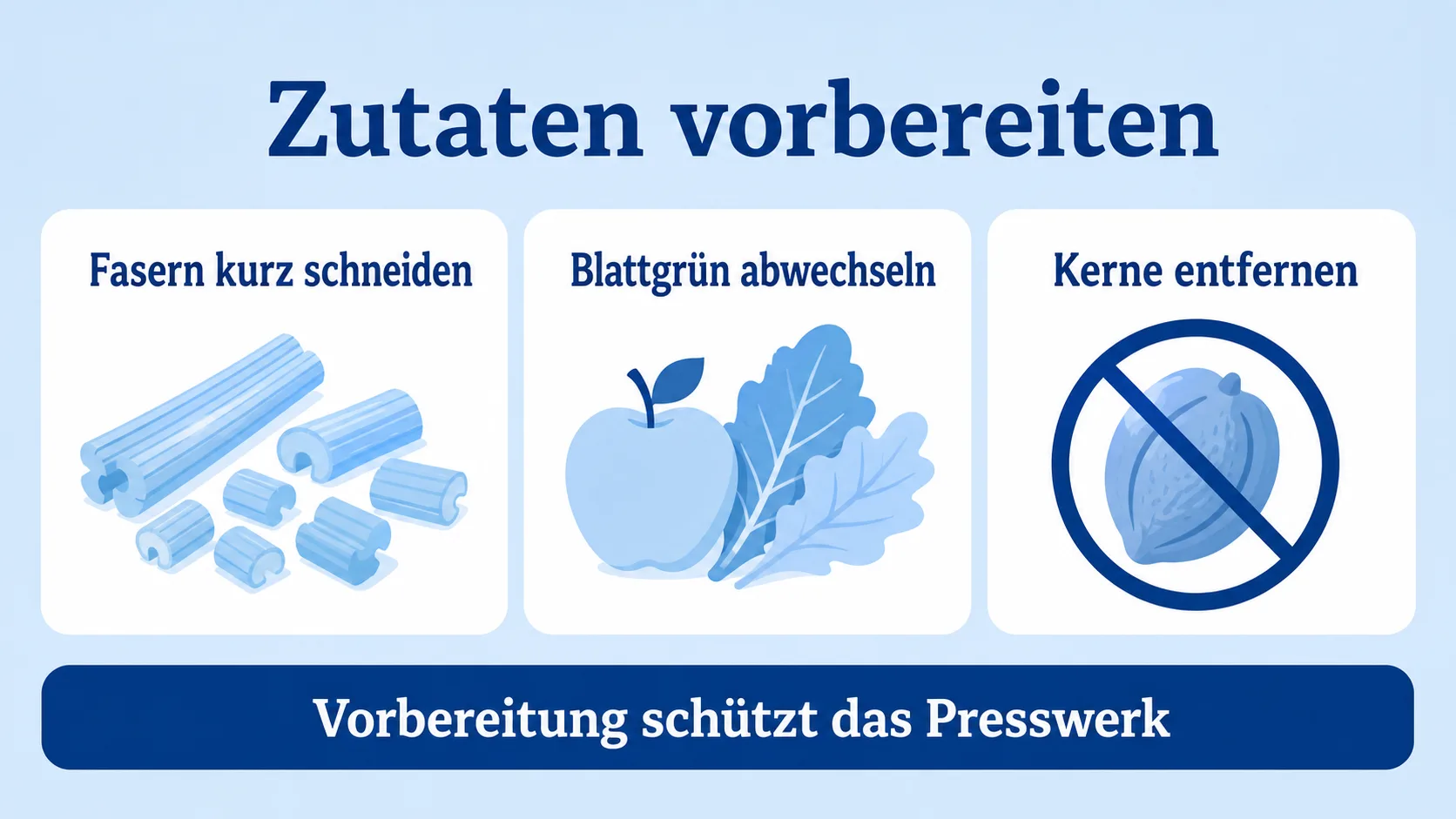 Infografik zur Vorbereitung von Obst und Gemüse im Slow Juicer