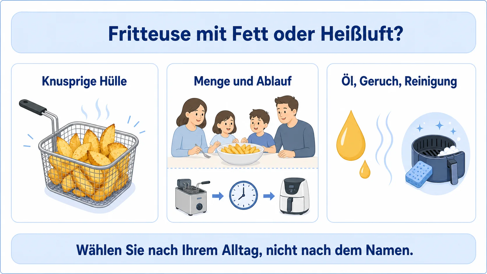 Infografik: Entscheidung zwischen Fritteuse mit Fett und Heißluftfritteuse