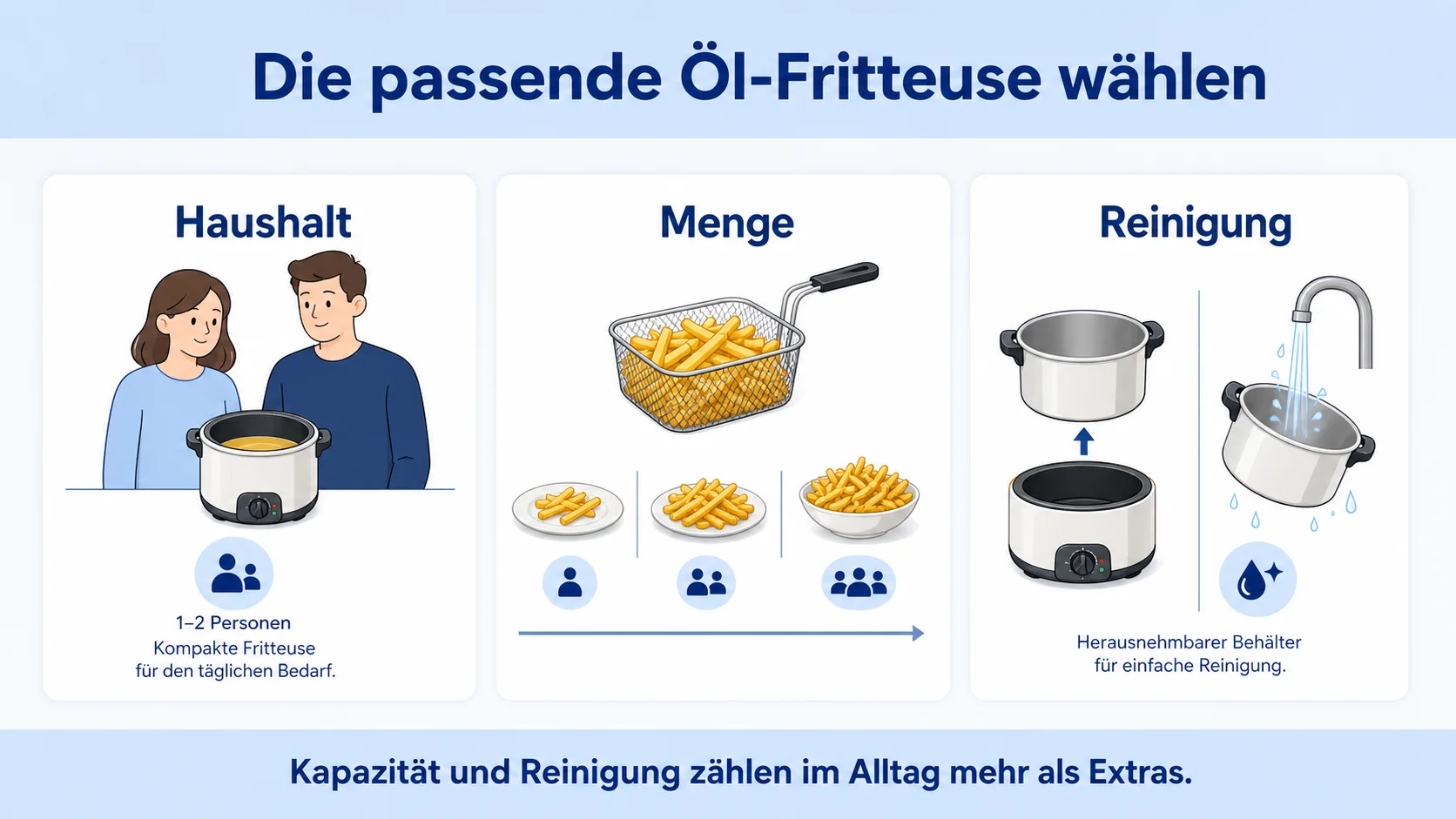 Infografik: Öl-Fritteuse nach Haushalt, Menge und Reinigung wählen