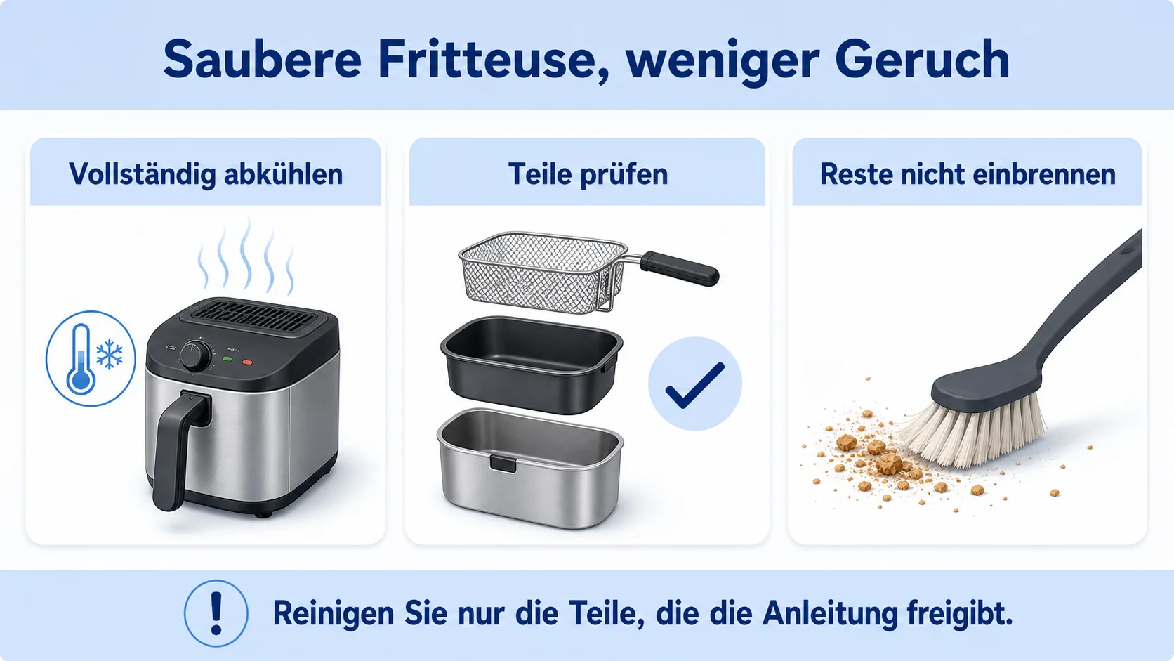 Infografik: Fritteuse abkühlen, freigegebene Teile prüfen und Rückstände entfernen